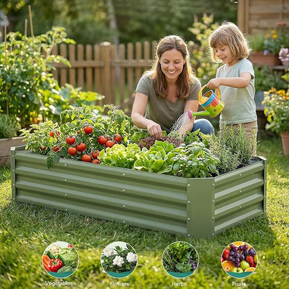Galvanized Raised Garden Bed - 4x2x1ft Metal Garden Planter Box Outdoor | Steel Raised Bed Kit with Bracing Rods, Gloves for Gardening Vegetables Fruits and Flowers (Oliver Green)