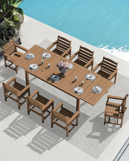SERWALL 9-Piece Outdoor Dining Set, 60" - 83" Expandable Outdoor Dining Table and 8 HDPE Chairs, All Weather HDPE Outdoor Furniture Set for Backyard, Garden, Brown