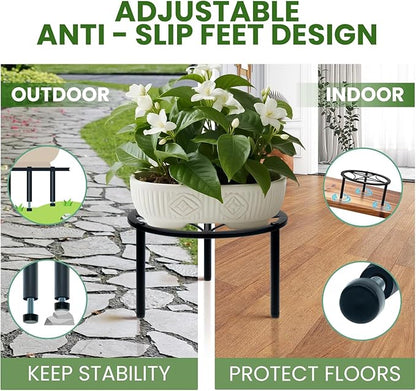TOSKING Heavy Duty Metal Plant Stand - 9.1-inch Round Tray with Geometric Pattern, Adjustable Leveling Feet & Rust-Resistant Finish for Indoor/Outdoor Use