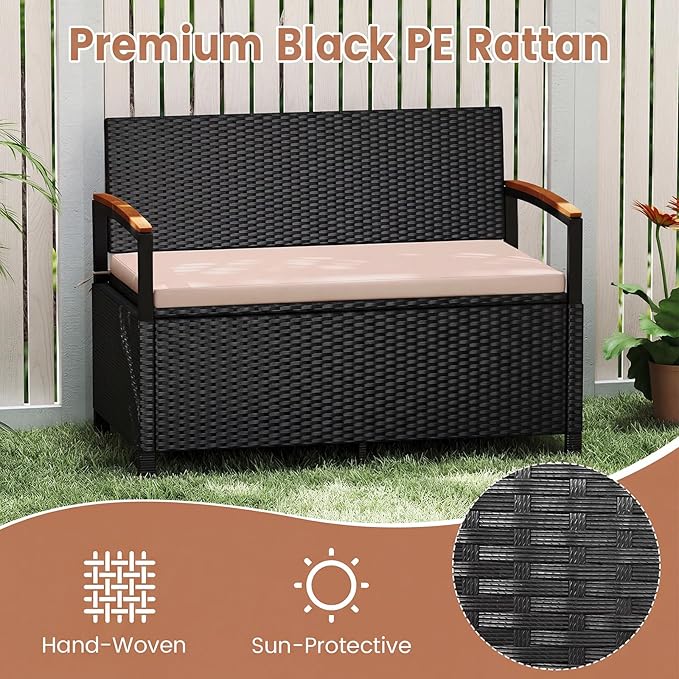 Outdoor Storage Bench 46 Gallon Black Beige PE Rattan Loveseat