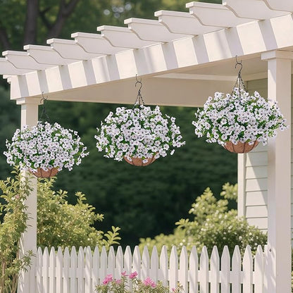 Artificial Faux Hanging Plants Flowers Basket for Outdoors Decoration,Hanging Planters with Fake Silk Daisy Flowers for Outside,UV Resistant Realistic Porch Patio Balcony Garden Yard Home Decor（White）