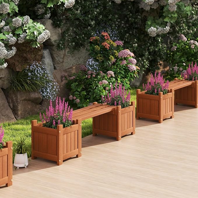 Giantex 2-in-1 Outdoor Bench with 2 Raised Garden Beds, Wood with Teak Oil Finish, Planter Boxes with Open-Ended Base, Garden Bench Seat for Porch Balcony Lawn Yard, DIY Assembly, 42"x11"x11.5"