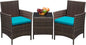 Greesum 3 Pieces Patio Furniture Sets Outdoor PE Rattan Wicker Chairs with Soft Cushion and Glass Coffee Table for Garden Backyard Porch Poolside, Brown and Blue