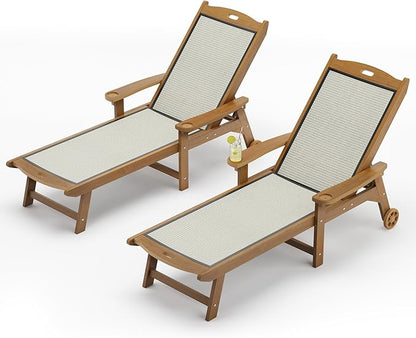 LUE BONA Chaise Lounge Chair Outdoor Set of 2, HDPS and HDPE Wicker Material, Patio Lounge Chair with Adjustable Backrest, Resin Pool Lounge Chairs with Wheels for Backyard, Poolside and Deck