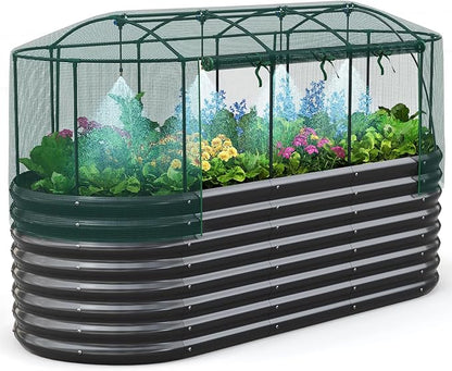 Quictent Galvanized Raised Garden Bed Kit with Self Watering System and Mesh Cover, Large Oval Metal Outdoor Planter Garden Boxes for Vegetables Herbs Flowers, 8x3x2Ft