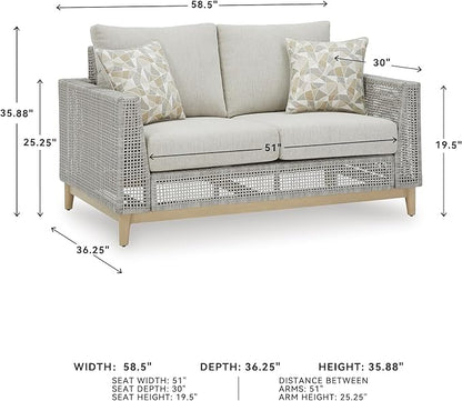 Signature Design by Ashley Seton Creek Cottage Nuvella Weather Resistant Fabric Outdoor Loveseat with Cushion and 2 Throw Pillows, Light Brown & Light Gray