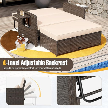 LDAILY Moccha Outdoor Daybed, Wicker Loveseat Sofa Set with 4-Postion Adjustable Backrest, Storage Ottoman, Cushions, Rattan Double Bed Lounger, Patio Furniture Set (Beige)
