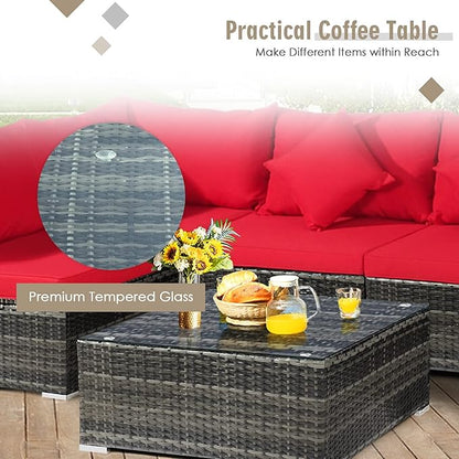 Tangkula 7 Pieces Wicker Patio Furniture Set, All-Weather Outdoor Rattan Sectional Sofa Set with Cushions & Tempered Glass Coffee Table, Outside Sofa Set for Garden, Lawn, Deck, Backyard (Red)