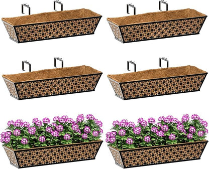 SPECILITE 24" Window Boxes Planters, Heavy Duty Metal Railing Planter Boxes, Adjustable Balcony Planters for Railing Hanging, with Coco Liner & Tool Set for Deck, Porch, and Patio Gardening (6 Pack)