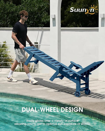 Chaise Lounge Outdoor, Lounge Chair Outdoor with Wood Texture, Adjustable 5-Position Backrest, HDPE Lounge Chair with Wheels & Cup Holder for Pool Deck Backyard,Navy Blue