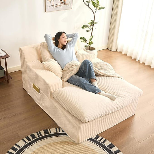 63" Chaise Lounge Chair Indoor, Set of Convertible Sleeper Sofa Couch with Throw Pillows & Side Pockets, Corduroy Upholstered Oversized Sofa Bed with Armrests for Living Room Bedroom, Beige