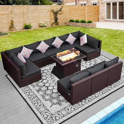 NICESOUL 11 Pcs Modern Outdoor Patio Sectional Furniture Set with Fire Pit Table, 29.3'' High Back Conversation Sets with Firepit, Cozy Large U-Shaped L-Shape Couches, Brown Rattan and Gray Cushion