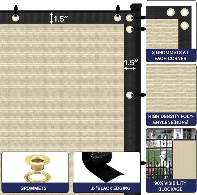 Windscreen4less Privacy Fence Screen Heavy Duty Windscreen Fencing Mesh Fabric Shade Net Cover with Brass Grommtes for Outdoor Wall Garden Yard Pool Deck, 6'x197' Beige