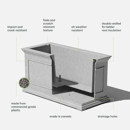 Veradek Brixton Series Large Plastic Planter - Gray, Outdoor, All-Weather Resistant, Dimensions 17.5"H x 16"W x 32"L, Classic Estate Design for Flowers, Trees, Shrubs