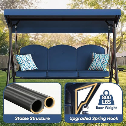 3 Seat Outdoor Porch Patio Swing with Stand 800lbs 2-in-1 Convertible Swing Bed with Adjustable Canopy & Removable Cushion for Yard Garden Deck (Blue, Round Tube)