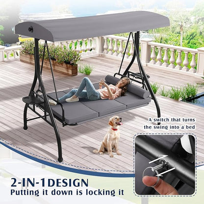 Grepatio Outdoor Porch Swing with Canopy and Stand, 3 Person Patio Swing for Adults, Convertible 2 in 1 Porch Bed Swing with Cup Holder, 3 Seat Swings with 2 Pillow Cushions for Garden, Yard (Grey)
