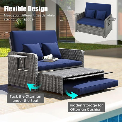 Tangkula Patio Rattan Daybed with 4-Level Adjustable Backrest, Outdoor PE Wicker Loveseat with Storage Ottoman & Folding Side Table, Double Sunbed for Balcony, Backyard & Poolside, Navy & Grey