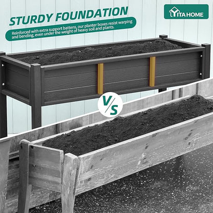 YITAHOME 48x18x30in Raised Garden Bed HDPE, Weather-Resistant Poly Lumber Planter Box with Legs & Storage Shelf, Elevated Garden Bed for Yard, Garden, Balcony - Black