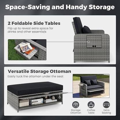 HAPPYGRILL Patio Rattan Wicker Daybed with Loveseat & Storage Ottoman, Outdoor Lounge Sofa Furniture Set with Adjustable Backrest & Side Trays, for Poolside Deck Porch Lawn (Mix Grey & Black)