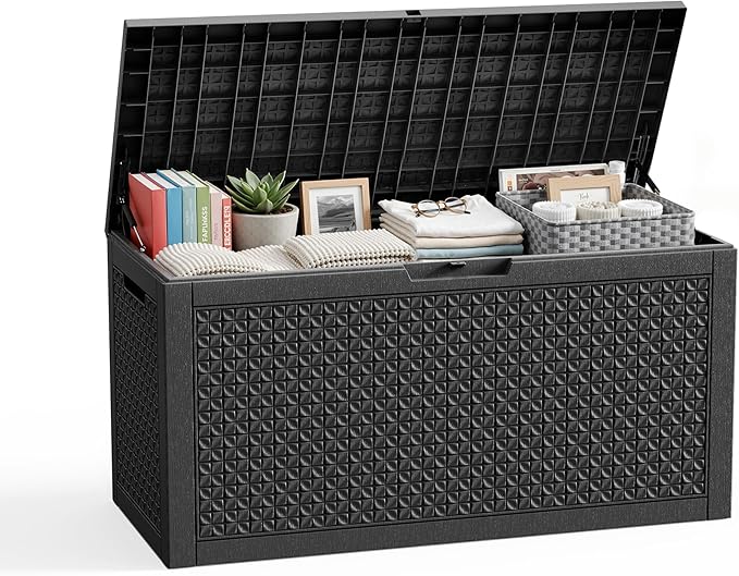 Deck Box, 110 Gallon Resin Lockable Outdoor Storage, Black