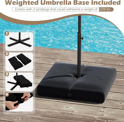 Tangkula 10ft Solar LED Patio Umbrella with Base, Offset Cantilever Outdoor Umbrella with 32 LED Lights, Infinite Tilt, 360 Degree Rotation, Crank Handle for Pool Deck Garden Backyard (Beige)
