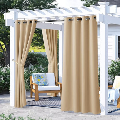NICETOWN Outdoor Patio Curtains Waterproof Set of 2, Rustproof Stainless Steel Grommet Porch Decor Thermal Insulated for Outdoor Open-air Film/Pool, Biscotti Beige, W52 x L72 Inch