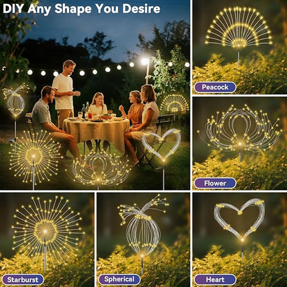 Garden Outdoor Lights, 4 Pack 120 LED Solar Garden Lights Fairy Lights Outdoor Waterproof Decorative Solar Firework Lights for Yard Patio Pathway Flowerbed Party Wedding Decor, Warm White