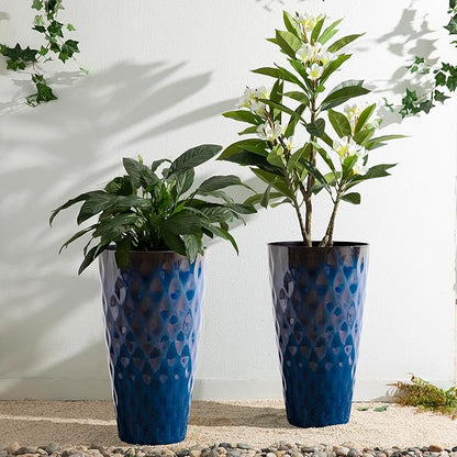 Glitzhome 23.75" H Tall Outdoor Planter, Set of 2 Wavy Texture Cobalt Blue Large Outdoor Planters, with Drainage Hole, Plastic Large Round Decorative Flower Plant Pot for Front Porch, Indoor
