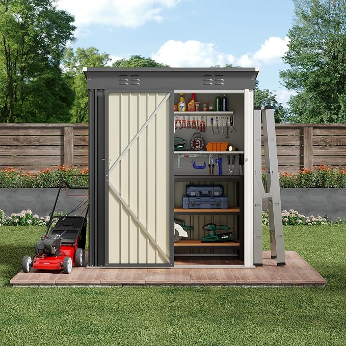 Storage Shed, Dark Gray Metal Tool Shed with Lockable Door