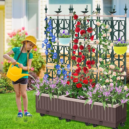 Raised Garden Bed Planter Boxes with Trellis,61.4" Self-Watering Trellis with Planter Box for Climbing Plants Flowers Vegetables with Wheels,Use for Indoor Outdoor