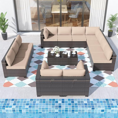ALAULM Patio Furniture Set with Coffee Table, 14 Pieces Outdoor Sectional with Wide Seat and Thick Cushion, All Weather Wicker Rattan Conversation Set for Backyard, Garden, Deck, Sand