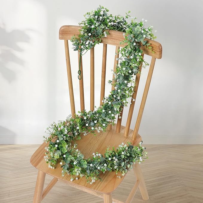 Artificial Plants Greenery Garland, 4 Pack Green Eucalyptus with White Flowers