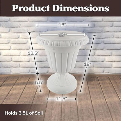 Outdoor Planter 2-Pack - 16x18-Inch Urn Planters - Plastic Plant Pots for Indoor, Outdoor, or Front Porch Decor - Flower Pots by Pure Garden (White)