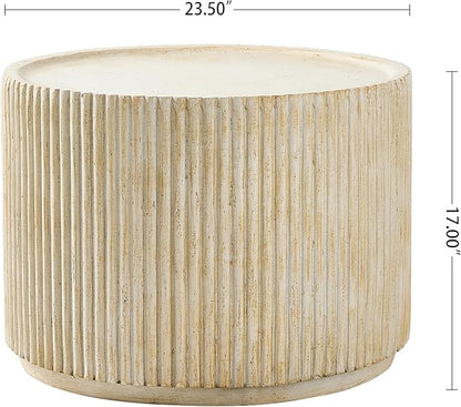 Christopher Knight Home Yunara 17" H Lightweight Concrete End Table with Stunning Fluted Design, Indoor Outdoor Accent Side Table, Travertine Effect Round Coffee Table, No Assembly, Natural
