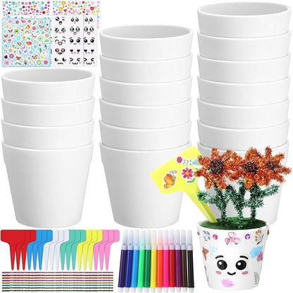 Funnymoom 36 Pcs Garden Plastic Paintable Flower Pot Craft Kit DIY Painting Flower Pots with Watercolor Stickers Pipe Cleaners Growing Kits for Home Spring Summer Mother's Day Fun Activity (Cute)