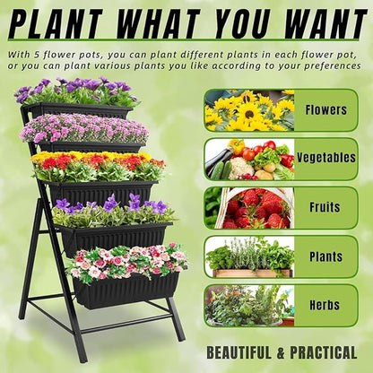Homdox 2 Pack Vertical Garden Bed, 5 Tiers Vertical Raised Garden Planter, 23 * 26 * 45Inch Outdoor Garden Raised Bed with 4 Hooks, Vegetable Flower Planter Raised Stand for Garden Patio Yard, Black