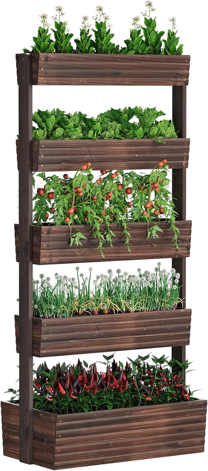 FILWH Wooden Raised Garden Bed Vertical Planter Box, Freestanding Plant Stand for Indoor Outdoor Plants, Herbs, Flowers, Vegetables, Gardening (Carbonized, 5-Tier，29.9 x 17.9 x 68in)