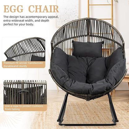 Vongrasig Wicker Egg Chair PE Rattan Rocking Chair with Cushion, Oversized Patio Lounge Rocker Chair for Outdoor, Indoor, Balcony, Backyard, Garden, Black/Rattan