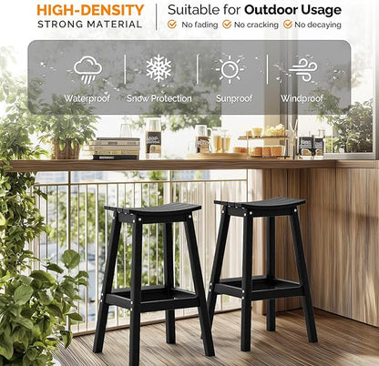 VINGLI 29" Outdoor Bar Stools Set of 2, HDPE Poly Lumber Bar Chairs with Footrest, Weather Resistant Patio Barstools for Bar, Kitchen Counter, Yard (Black, 29 Inch 2 PC)