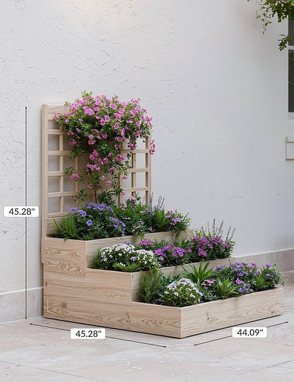 3-Tier Elevated Garden Planter, Wooden Vertical Raised Bed with Trellis & Drainage Base – Ideal for Climbing Plants, Flowers, Herbs, Vegetables – Outdoor Planter Box for Patio, Yard, or Lawn