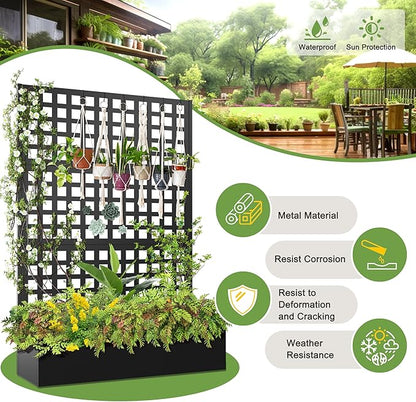 FENCY Metal Raised Garden Bed with Trellis, Metal Planter Box with Trellis, Garden Box for Climbing Plants Vegetable, 47''Lx16''Wx71''H Garden Bed with Drainage Holes(Black)