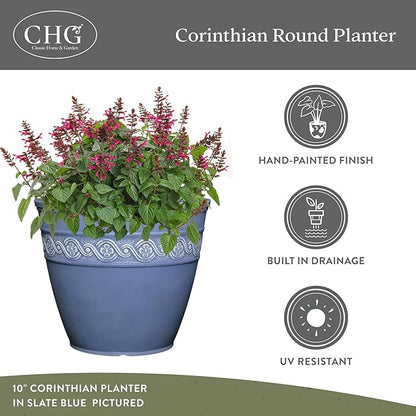 Classic Home and Garden Corinthian Resin Planter Pot - Outdoor & Indoor Plant Pot - Round Planter For Plants & Flowers (10" Ivory Ash, Pack of 1)
