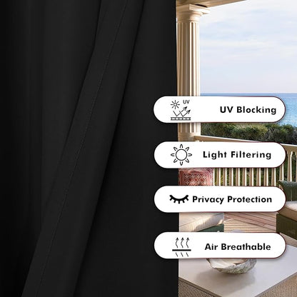 BONZER Outdoor Curtains for Patio Water Resistant Heavy Privacy Light Filtering Grommet Outside Curtains for Porch, Pergola, Gazebo, 1 Panel, 84W x 95L inch, Black