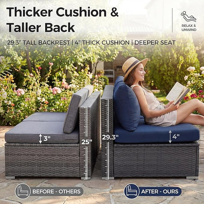 NICESOUL 7 Piece Outdoor Sectional Sofa Set with Firepit Natural Gas & Propane Convertible, Oversized Deep Seating Patio Furniture for Tall Person, 2 Color Cushion Navy & Gray for Easy Maintenance