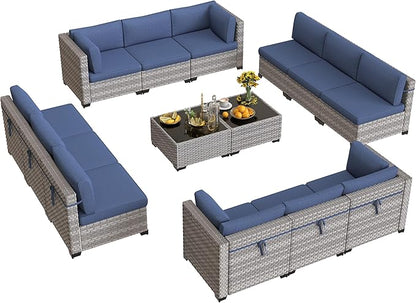 12-Seat Modular Patio Furniture Set – Outdoor Wicker Sectional Sofa with Thick 4″ Cushions, Dual-Strand PE Rattan, Rust-Resistant 18 mm Steel Frame, Backyard Garden Deck Lounge,Navy
