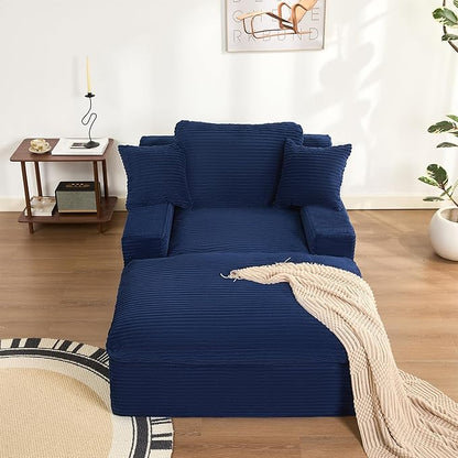 63" Chaise Lounge Chair Indoor, Set of Convertible Sleeper Sofa Couch with Throw Pillows & Side Pockets, Corduroy Upholstered Oversized Sofa Bed with Armrests for Living Room Bedroom, Blue