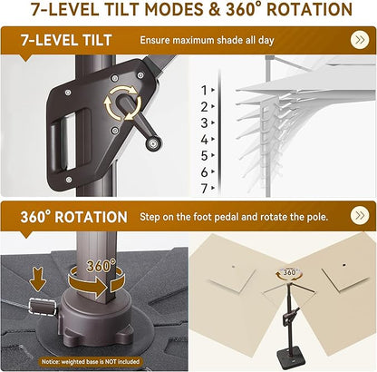 10 X 13 FT Cantilever Outdoor Patio Umbrella with Led Lights Large Heavy Duty 360° Rotation Double Top Offset Rectangular Umbrellas for Backyard Garden Pool Outside Deck, Beige