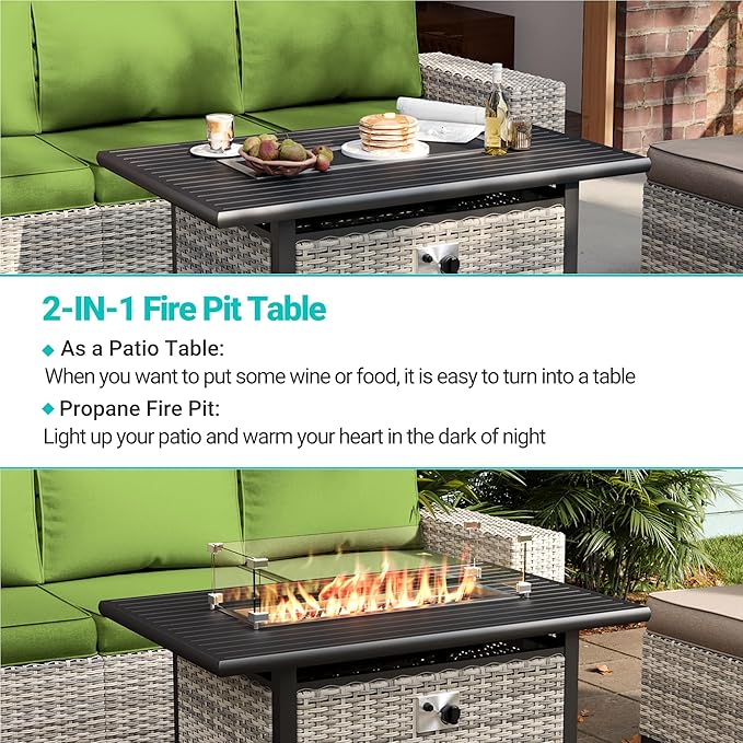 13-Piece Outdoor Patio Furniture Set with Rocking Swivel Chair, PE Wicker Rattan Sectional Sofa Patio Conversation Set with 55,000 BTU Fire Pit Table & Coffee Table, Avocado Green