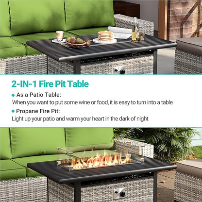 13-Piece Outdoor Patio Furniture Set with 55,000 BTU Fire Pit Table, PE Wicker Rattan Sectional Sofa Patio Conversation Set with Coffee Table, Avocado Green