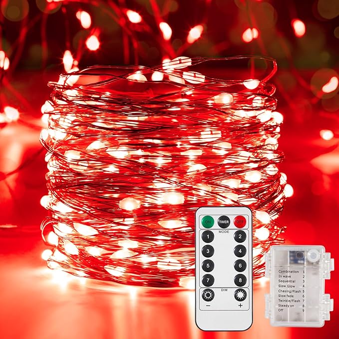 String Lights, Battery Operated, 4 Pack 65.6 Ft Red LED